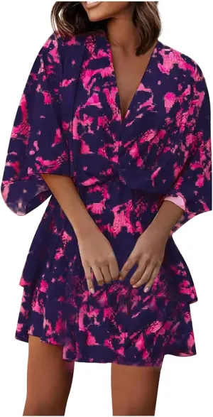 BAXLIMEK Beach Dresses for Women,2025 Elegant Deep V Neck Batwing Sleeve Mini Dress Flowy Ruched Tiered Print Vacation Dress