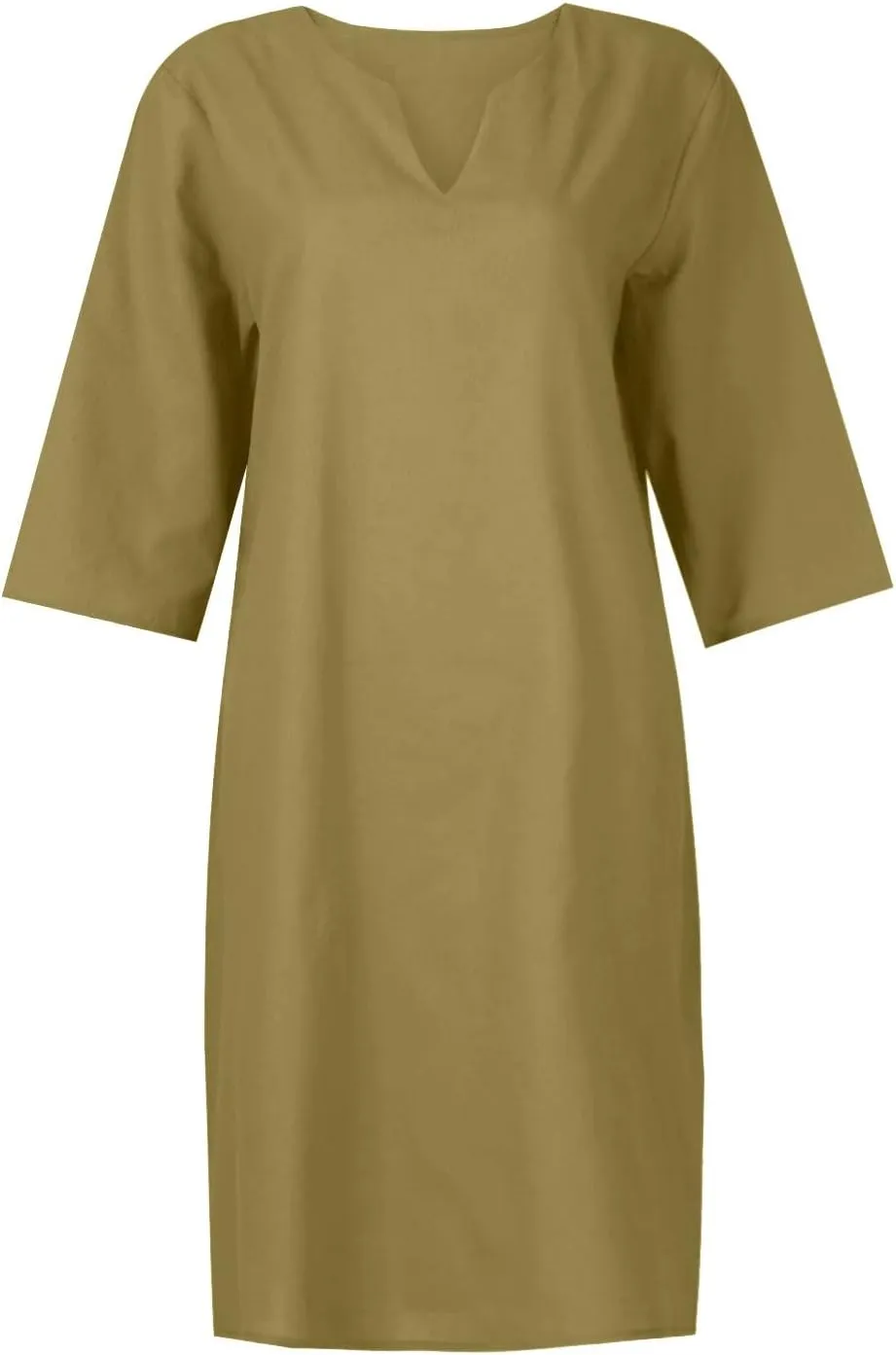 BAXLIMEK Cotton Linen Dresses for Women,2025 Spring Summer Casual V Neck 3/4 Sleeve Midi Dress,Elegant Plain Beach Dress