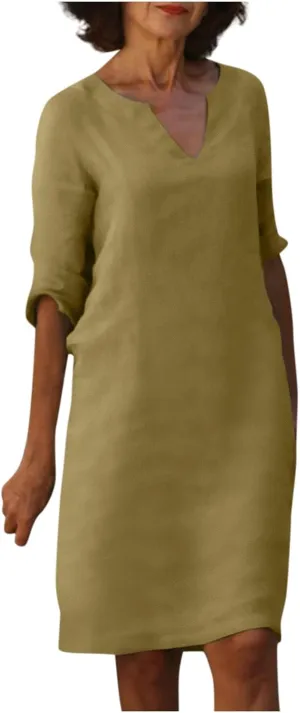 BAXLIMEK Cotton Linen Dresses for Women,2025 Spring Summer Casual V Neck 3/4 Sleeve Midi Dress,Elegant Plain Beach Dress
