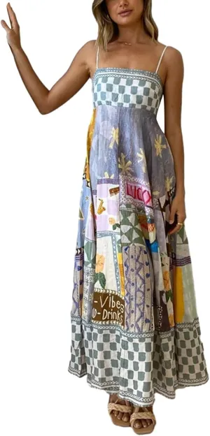 Beach Dresses for Women 2025 Vacation Spaghetti Strap Graffiti Maxi Dress Graphic A Line Swing Long Cami Dress