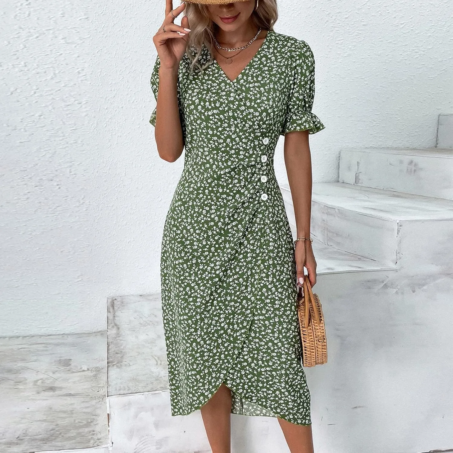 Beach Dresses for Women,2025 Summer Trendy Elegant V Neck Floral Boho Dress,Flowy Ruched Hawaiian Maxi Dress