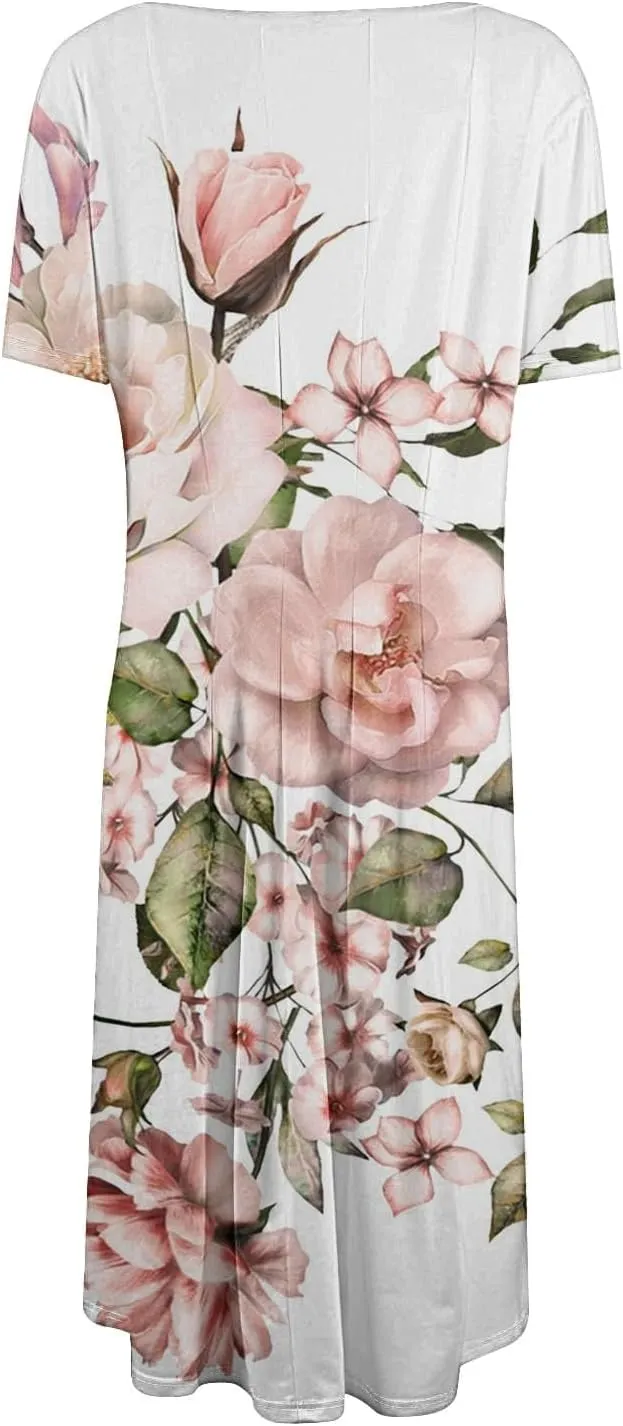 Beach Vacation Short Sleeve Crewneck Casual Loose Summer Short Sleeve Beach Dress with Square Neck Floral Midi Dress