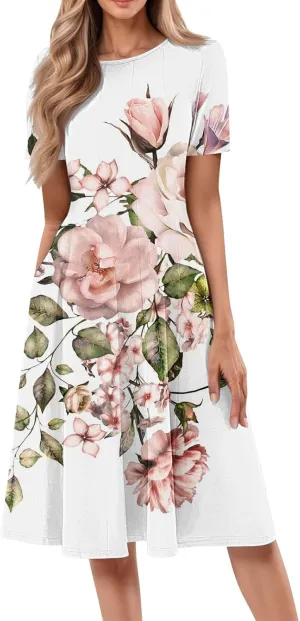 Beach Vacation Short Sleeve Crewneck Casual Loose Summer Short Sleeve Beach Dress with Square Neck Floral Midi Dress