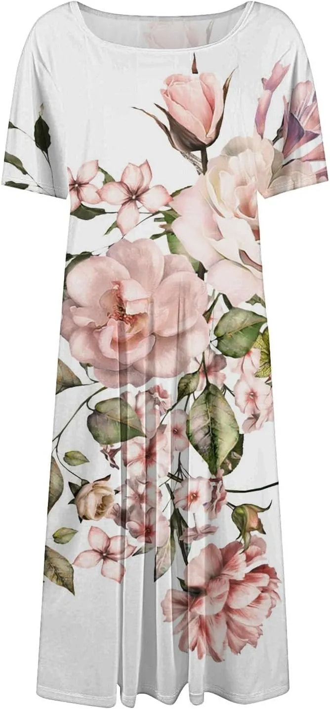 Beach Vacation Short Sleeve Crewneck Casual Loose Summer Short Sleeve Beach Dress with Square Neck Floral Midi Dress