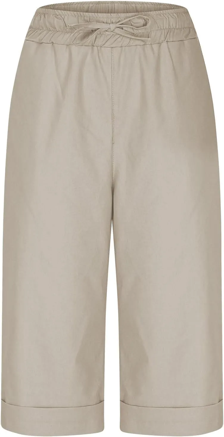Bermuda Shorts for Womens Knee Length Cotton Linen Capris Lightweight Summer Straight Leg Beach Travel Shorts W Pocket