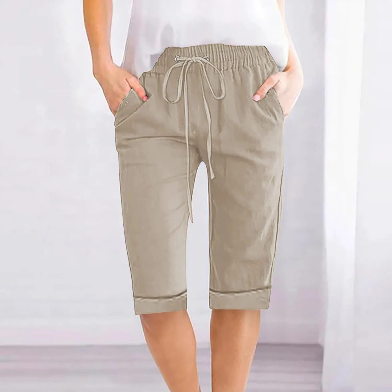 Bermuda Shorts for Womens Knee Length Cotton Linen Capris Lightweight Summer Straight Leg Beach Travel Shorts W Pocket
