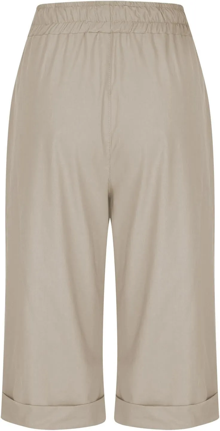 Bermuda Shorts for Womens Knee Length Cotton Linen Capris Lightweight Summer Straight Leg Beach Travel Shorts W Pocket