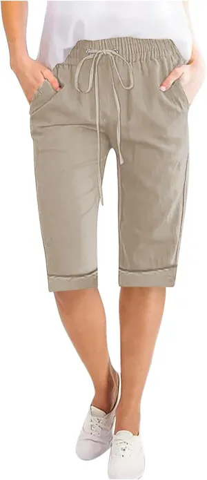 Bermuda Shorts for Womens Knee Length Cotton Linen Capris Lightweight Summer Straight Leg Beach Travel Shorts W Pocket