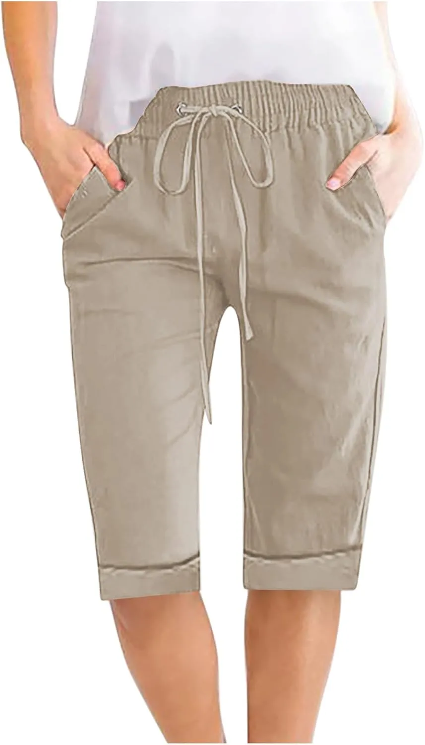 Bermuda Shorts for Womens Knee Length Cotton Linen Capris Lightweight Summer Straight Leg Beach Travel Shorts W Pocket