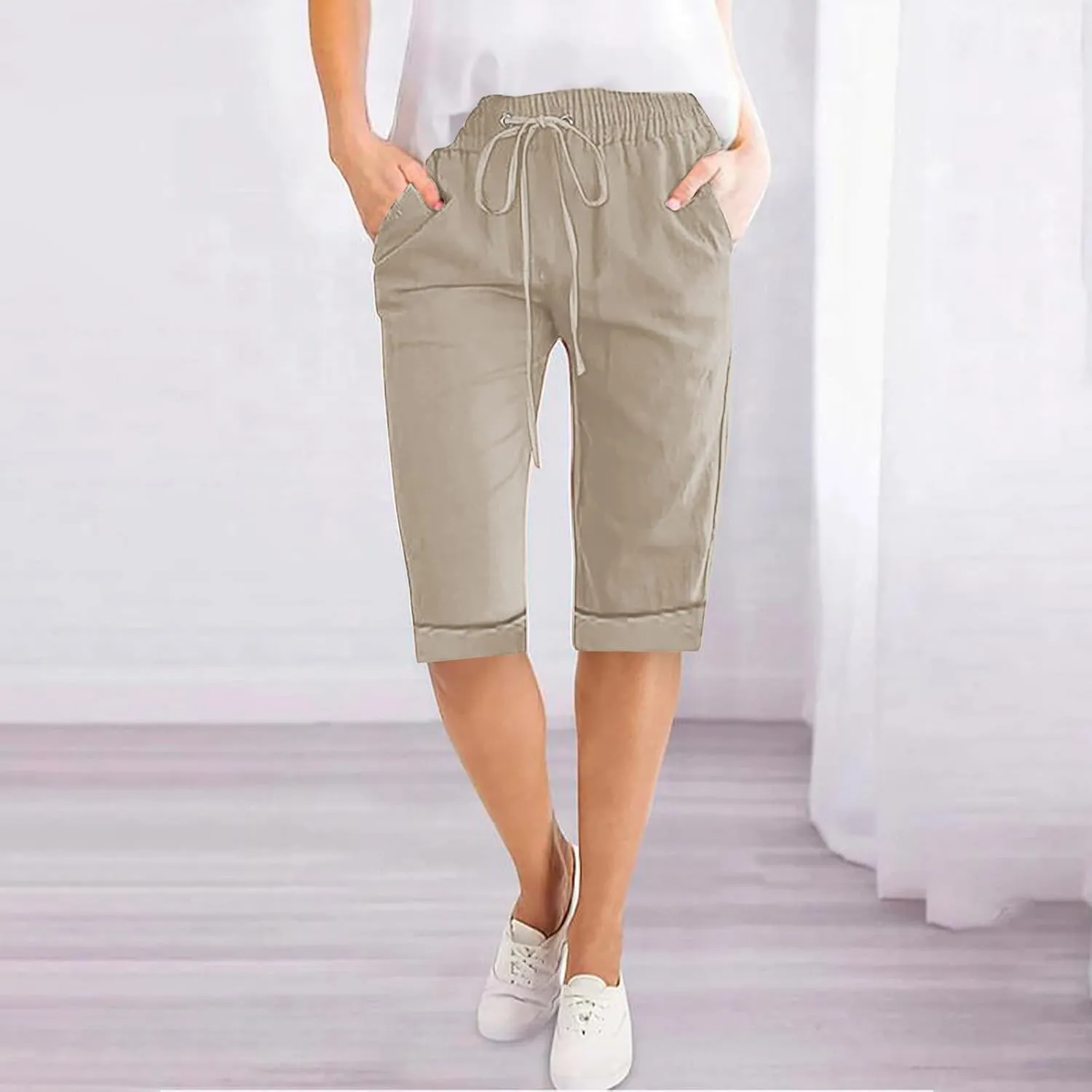 Bermuda Shorts for Womens Knee Length Cotton Linen Capris Lightweight Summer Straight Leg Beach Travel Shorts W Pocket