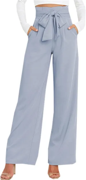 Betusline Women's Bowknot Tie Waist Dress Trousers Pants,X-Small-Large