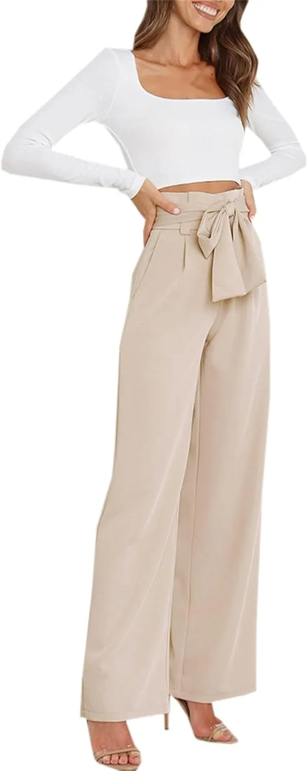 Betusline Women's Bowknot Tie Waist Dress Trousers Pants,X-Small-Large