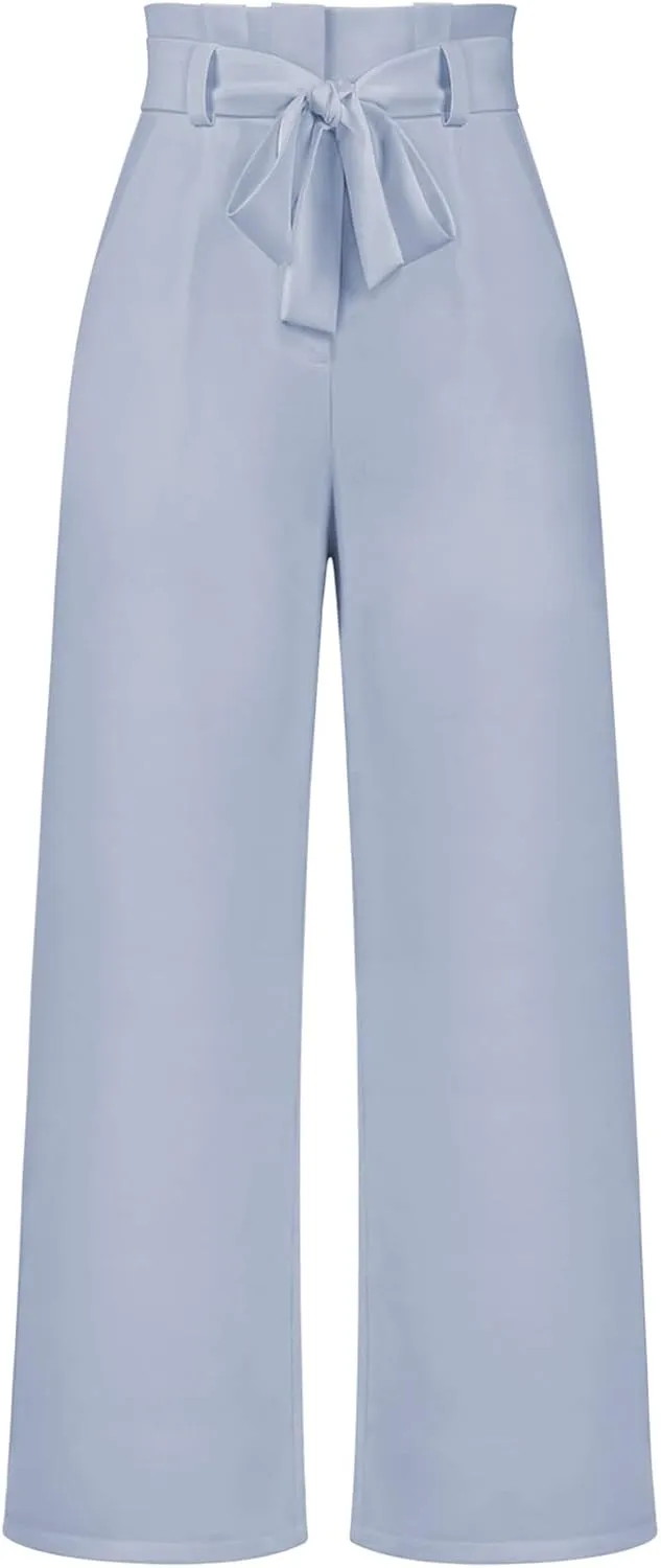 Betusline Women's Bowknot Tie Waist Dress Trousers Pants,X-Small-Large