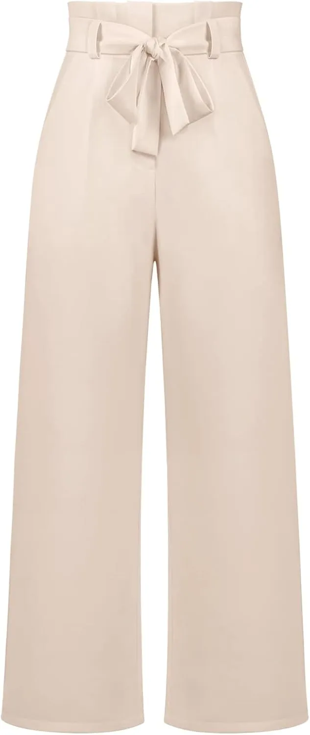 Betusline Women's Bowknot Tie Waist Dress Trousers Pants,X-Small-Large