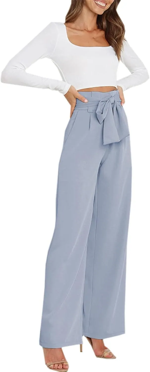 Betusline Women's Bowknot Tie Waist Dress Trousers Pants,X-Small-Large