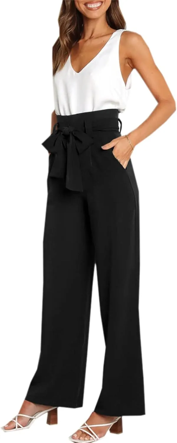 Betusline Women's Bowknot Tie Waist Dress Trousers Pants,X-Small-Large