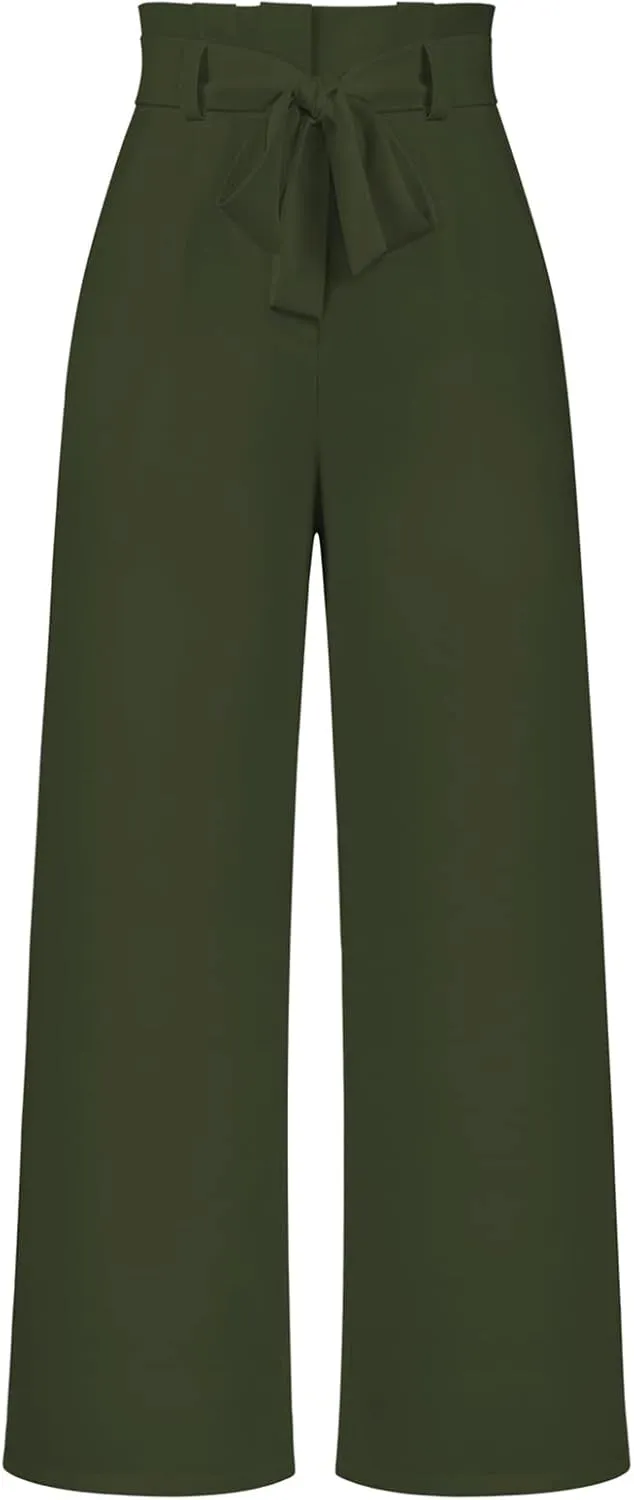 Betusline Women's Bowknot Tie Waist Dress Trousers Pants,X-Small-Large
