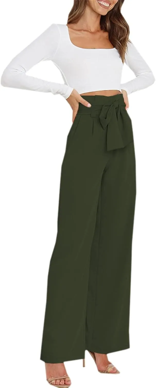 Betusline Women's Bowknot Tie Waist Dress Trousers Pants,X-Small-Large