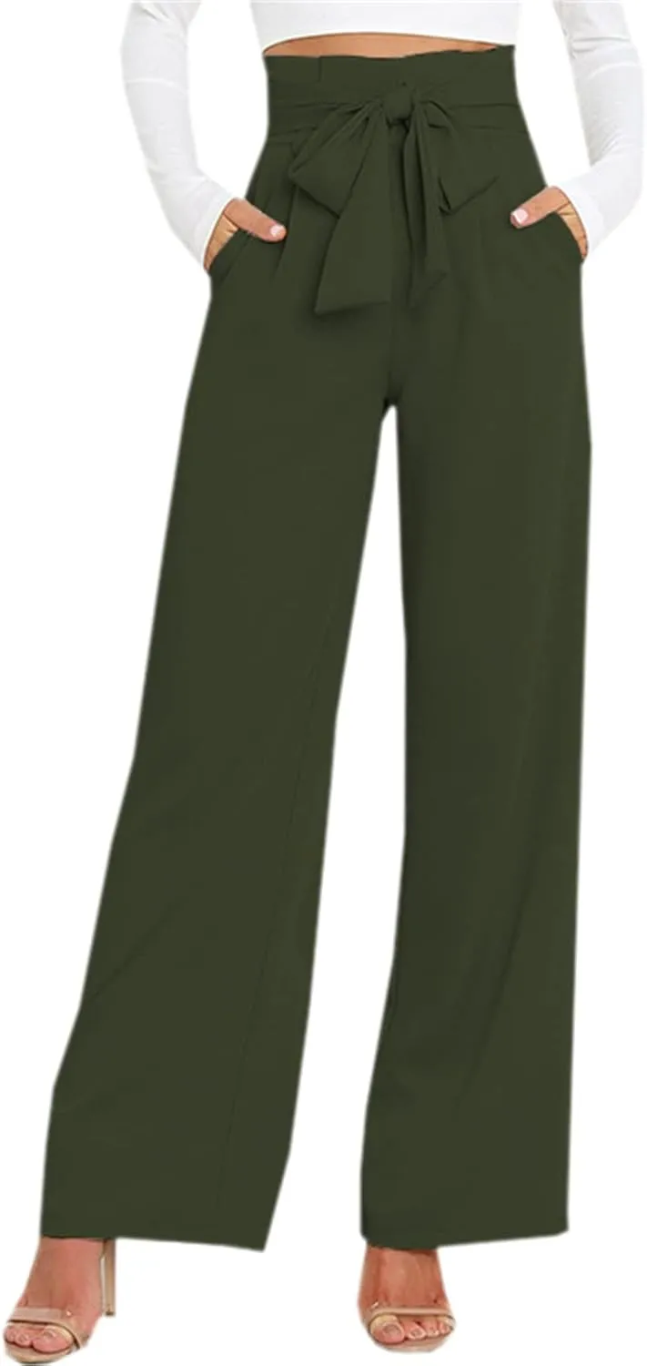 Betusline Women's Bowknot Tie Waist Dress Trousers Pants,X-Small-Large