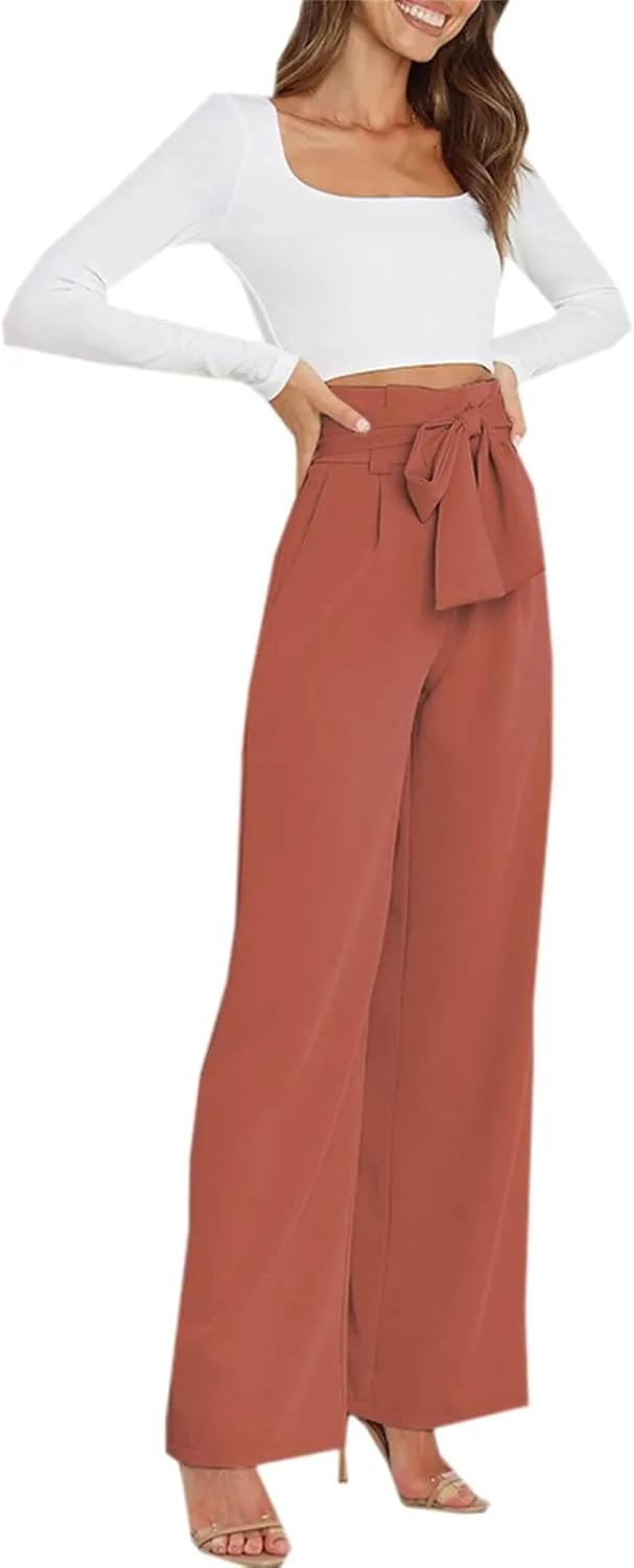 Betusline Women's Bowknot Tie Waist Dress Trousers Pants,X-Small-Large