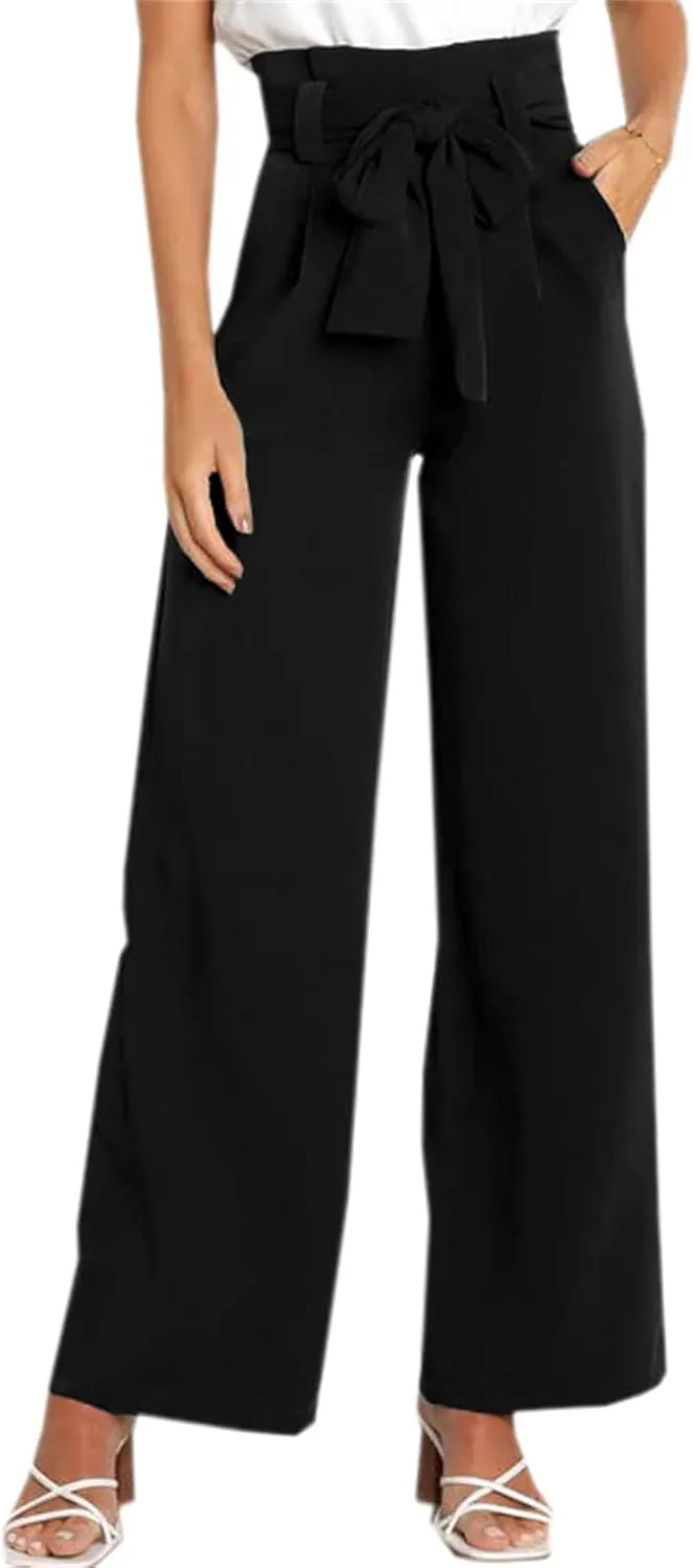 Betusline Women's Bowknot Tie Waist Dress Trousers Pants,X-Small-Large