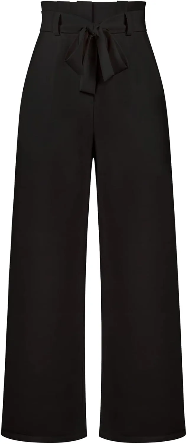 Betusline Women's Bowknot Tie Waist Dress Trousers Pants,X-Small-Large
