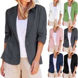 Binmer 2024 Fall Linen Blazer for Women 3/4 Stretchy Ruched Sleeve Suit Jacket Dressy Casual Lightweight Business Work Outfit