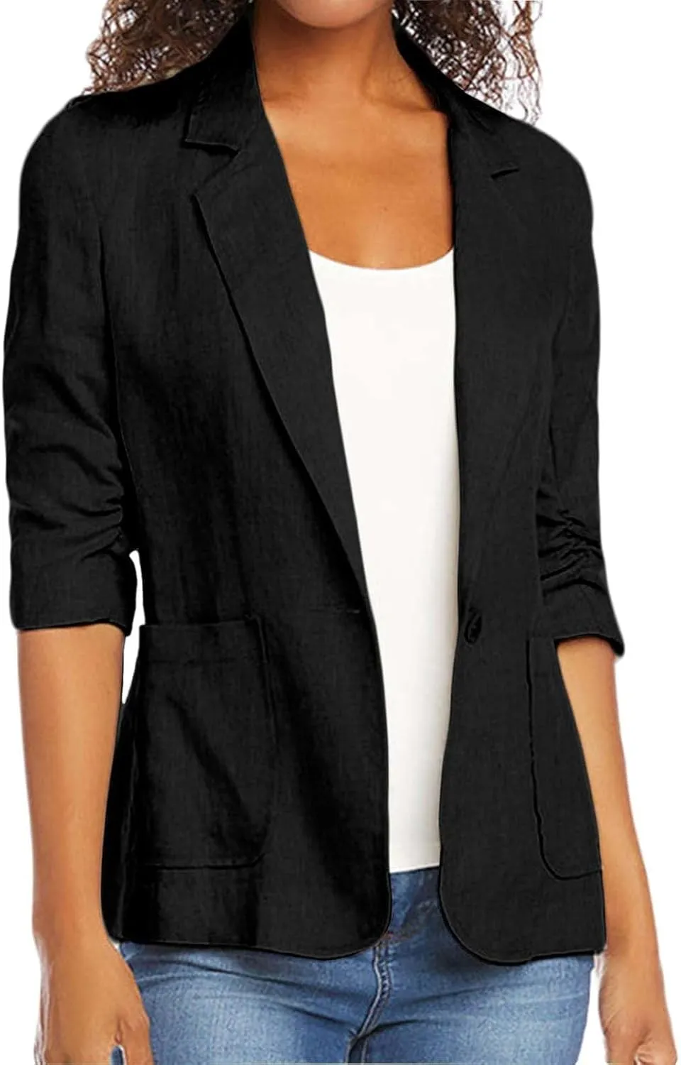 Binmer 2024 Fall Linen Blazer for Women 3/4 Stretchy Ruched Sleeve Suit Jacket Dressy Casual Lightweight Business Work Outfit