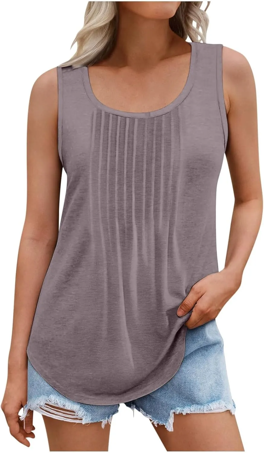 Binmer Women Plus Size Tank Tops Summer Casual Pleated Crew Neck Sleeveless T Shirts Loose Fit Beach Vest Tees,Solid/Gradient