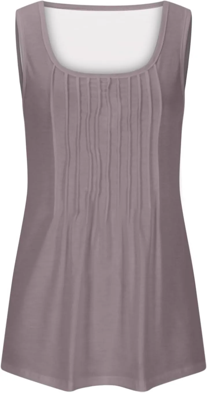Binmer Women Plus Size Tank Tops Summer Casual Pleated Crew Neck Sleeveless T Shirts Loose Fit Beach Vest Tees,Solid/Gradient