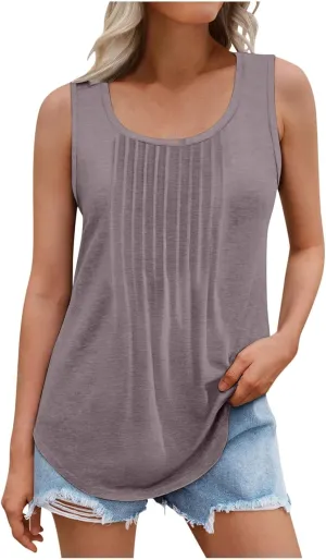 Binmer Women Plus Size Tank Tops Summer Casual Pleated Crew Neck Sleeveless T Shirts Loose Fit Beach Vest Tees,Solid/Gradient