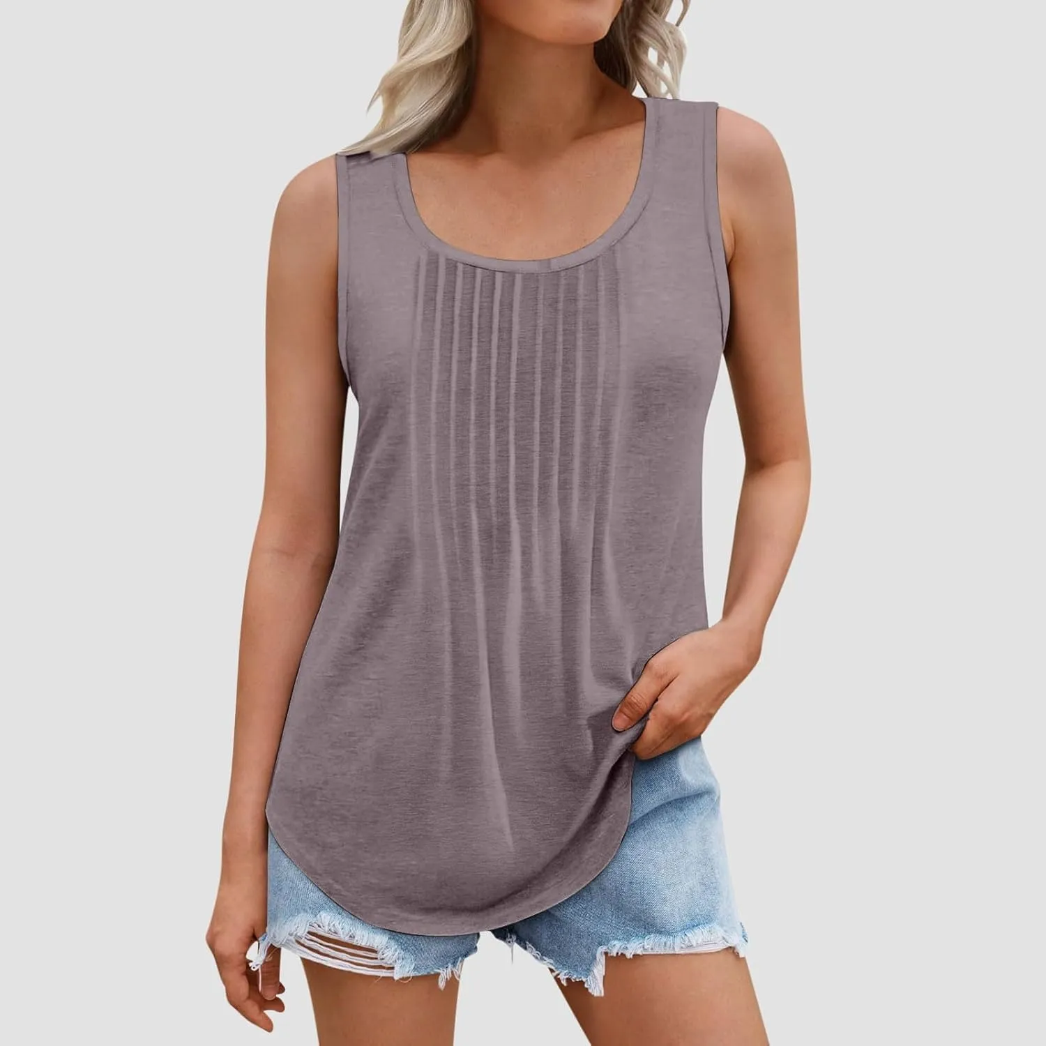 Binmer Women Plus Size Tank Tops Summer Casual Pleated Crew Neck Sleeveless T Shirts Loose Fit Beach Vest Tees,Solid/Gradient