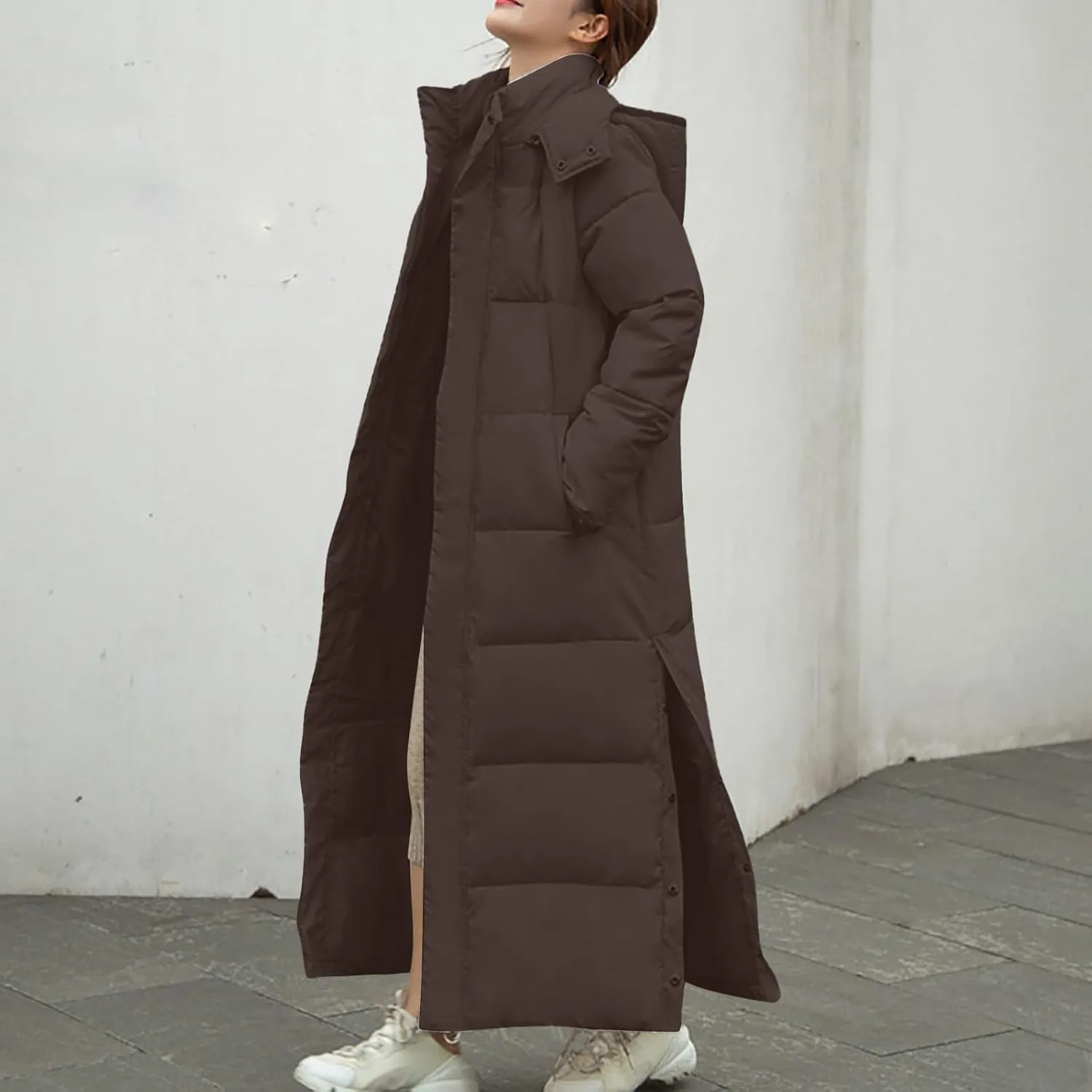 Binmer Women's Long Hooded Puffer Jacket Winter Warm Zip Up Down Quilted Coat Maxi Padded Jackets Siede Split with Pockets