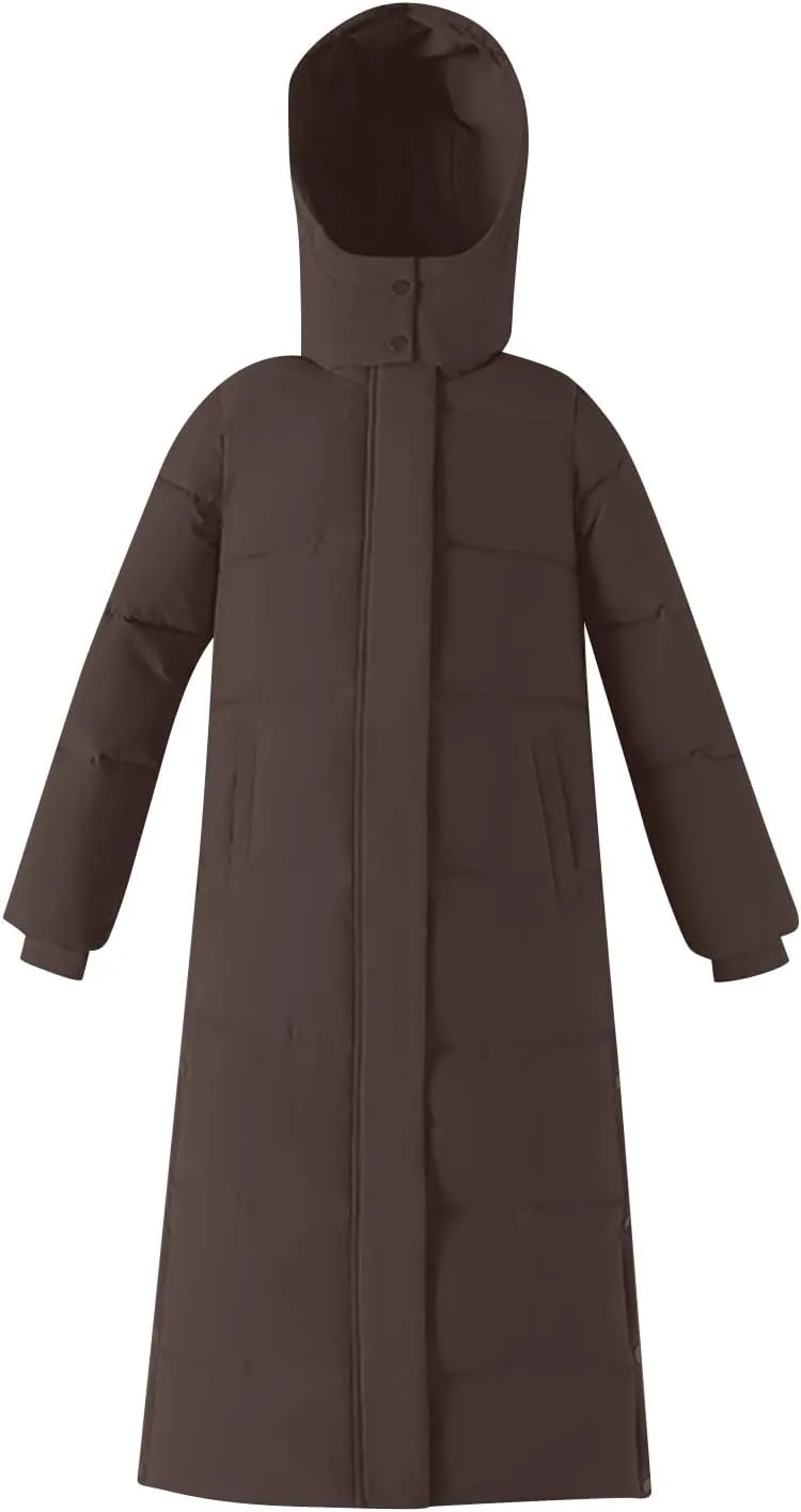 Binmer Women's Long Hooded Puffer Jacket Winter Warm Zip Up Down Quilted Coat Maxi Padded Jackets Siede Split with Pockets