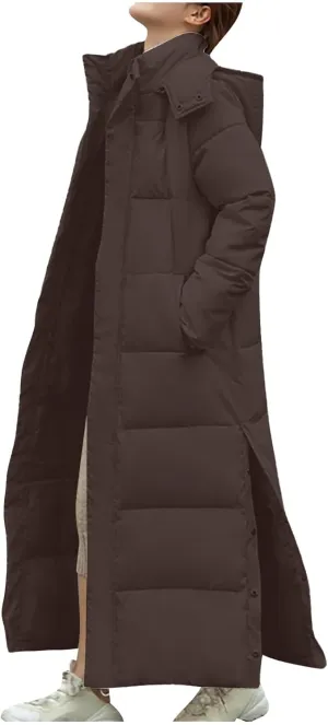 Binmer Women's Long Hooded Puffer Jacket Winter Warm Zip Up Down Quilted Coat Maxi Padded Jackets Siede Split with Pockets