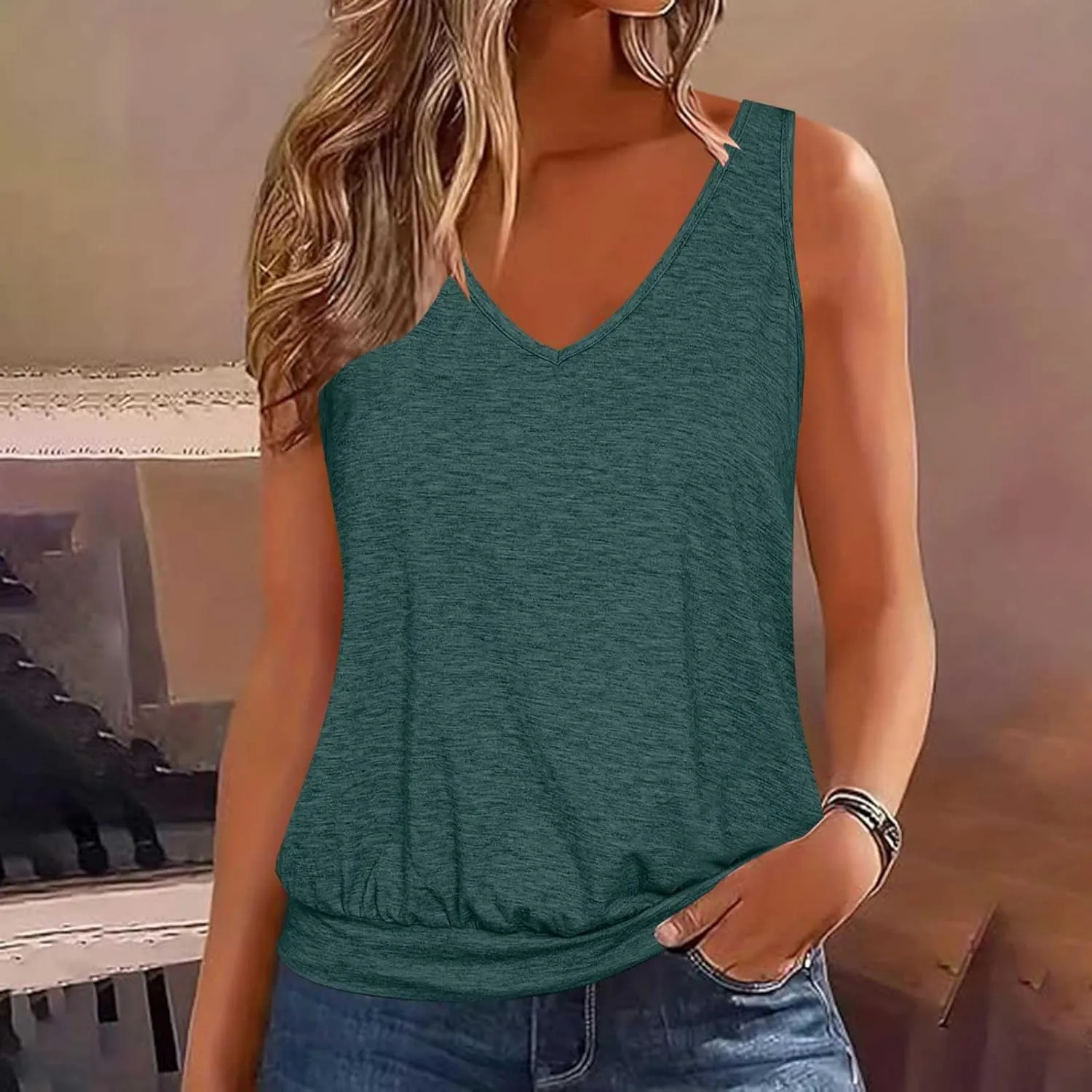 Binmer Womens Plus Size Tank Tops Summer Sleeveless V/Crewneck Pleated Front T-Shirts Casual Loose Fit Tunics Camis Vest