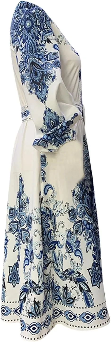 Boho Dresses for Women 2024 Long Sleeve Deep V Neck Elegant Wrap Midi Dress Casual Floral Print Slim Fit Vacation Dresses
