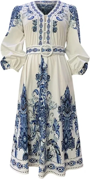 Boho Dresses for Women 2024 Long Sleeve Deep V Neck Elegant Wrap Midi Dress Casual Floral Print Slim Fit Vacation Dresses
