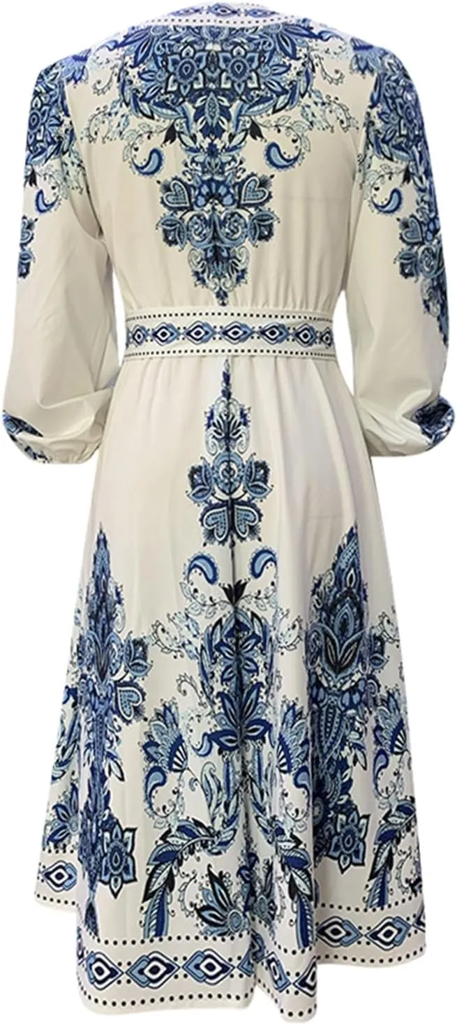 Boho Dresses for Women 2024 Long Sleeve Deep V Neck Elegant Wrap Midi Dress Casual Floral Print Slim Fit Vacation Dresses