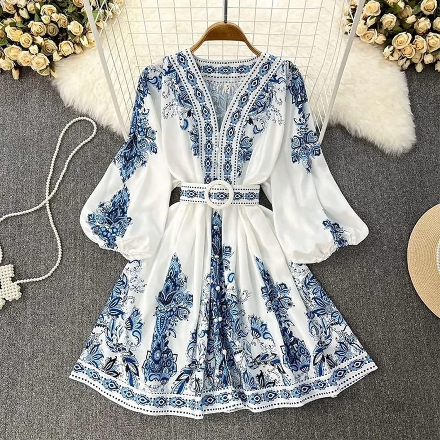 Boho Dresses for Women 2024 Long Sleeve Deep V Neck Elegant Wrap Midi Dress Casual Floral Print Slim Fit Vacation Dresses