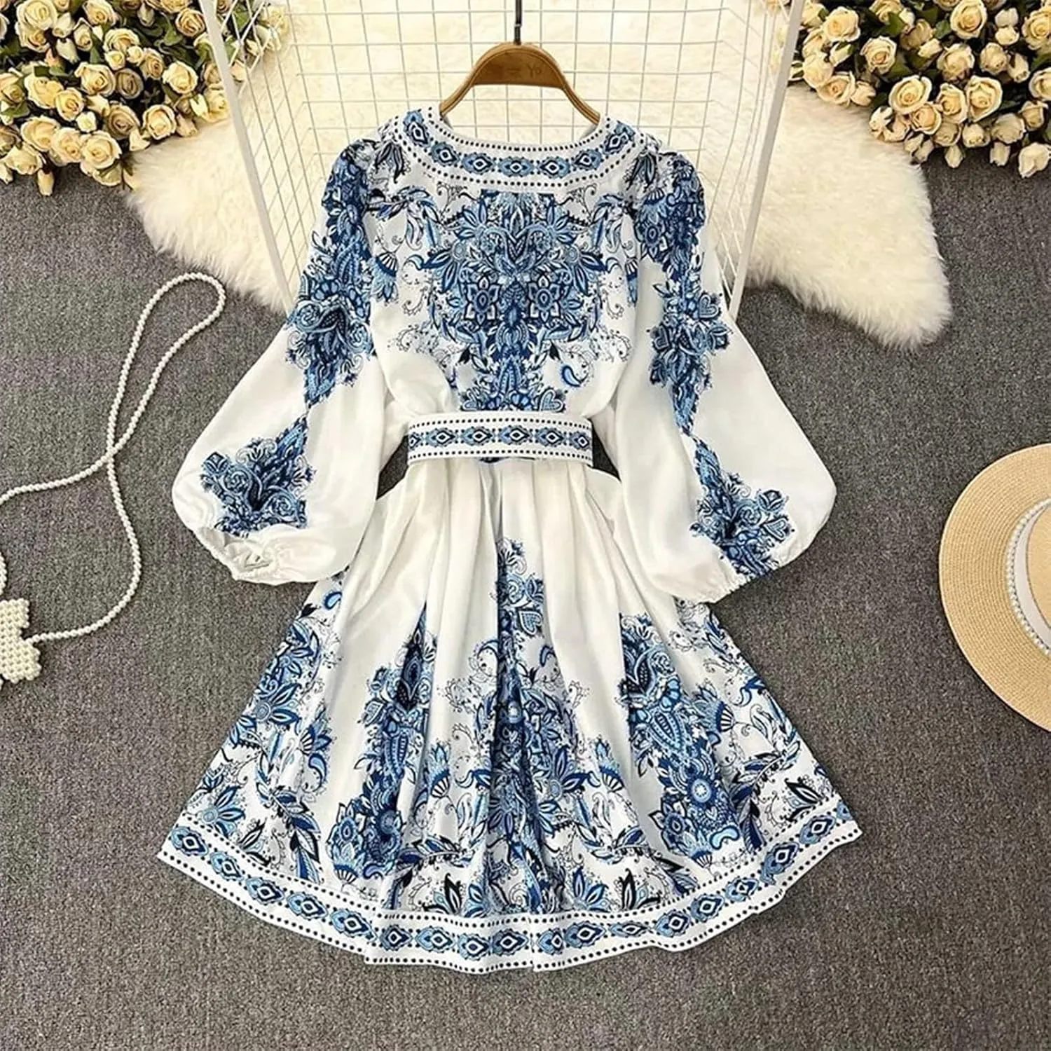 Boho Dresses for Women 2024 Long Sleeve Deep V Neck Elegant Wrap Midi Dress Casual Floral Print Slim Fit Vacation Dresses