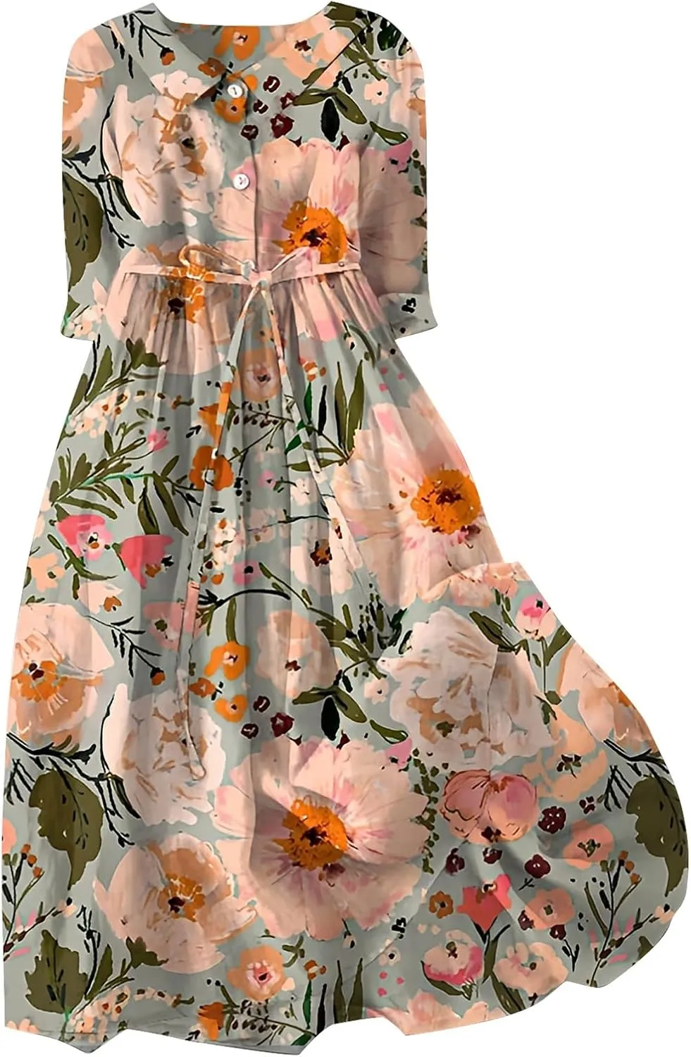 Boho Floral Dress for Women Short Sleeve Plus Size Korean Style Dresses Fashion Button Up Lapel Collar Flowy Dress