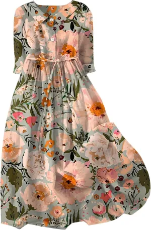 Boho Floral Dress for Women Short Sleeve Plus Size Korean Style Dresses Fashion Button Up Lapel Collar Flowy Dress