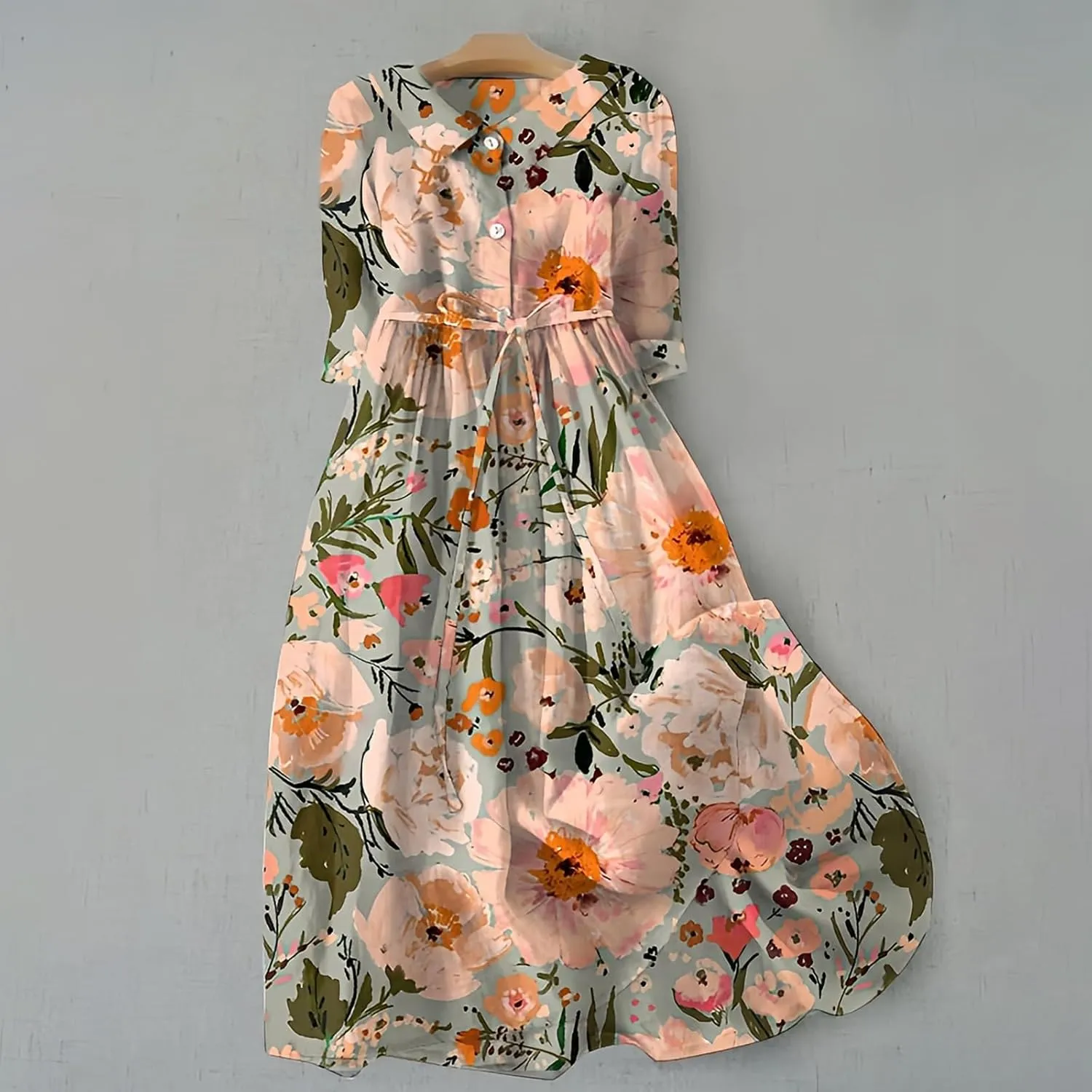 Boho Floral Dress for Women Short Sleeve Plus Size Korean Style Dresses Fashion Button Up Lapel Collar Flowy Dress