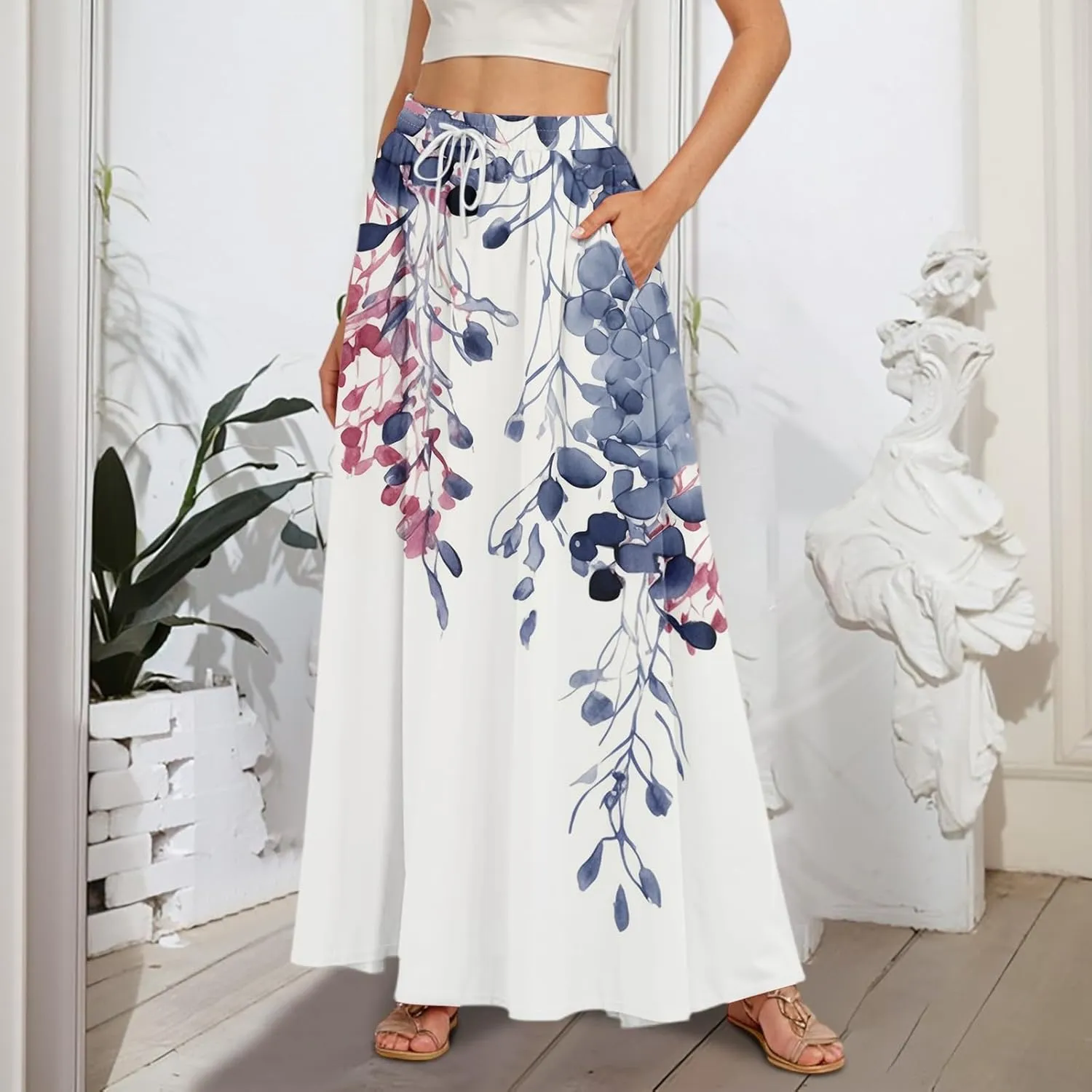 Boho Maxi Skirt for Women Summer Elastic High Waisted Casual Skirts Pleated A-Line Skirts Work Skirt Long with Pockets