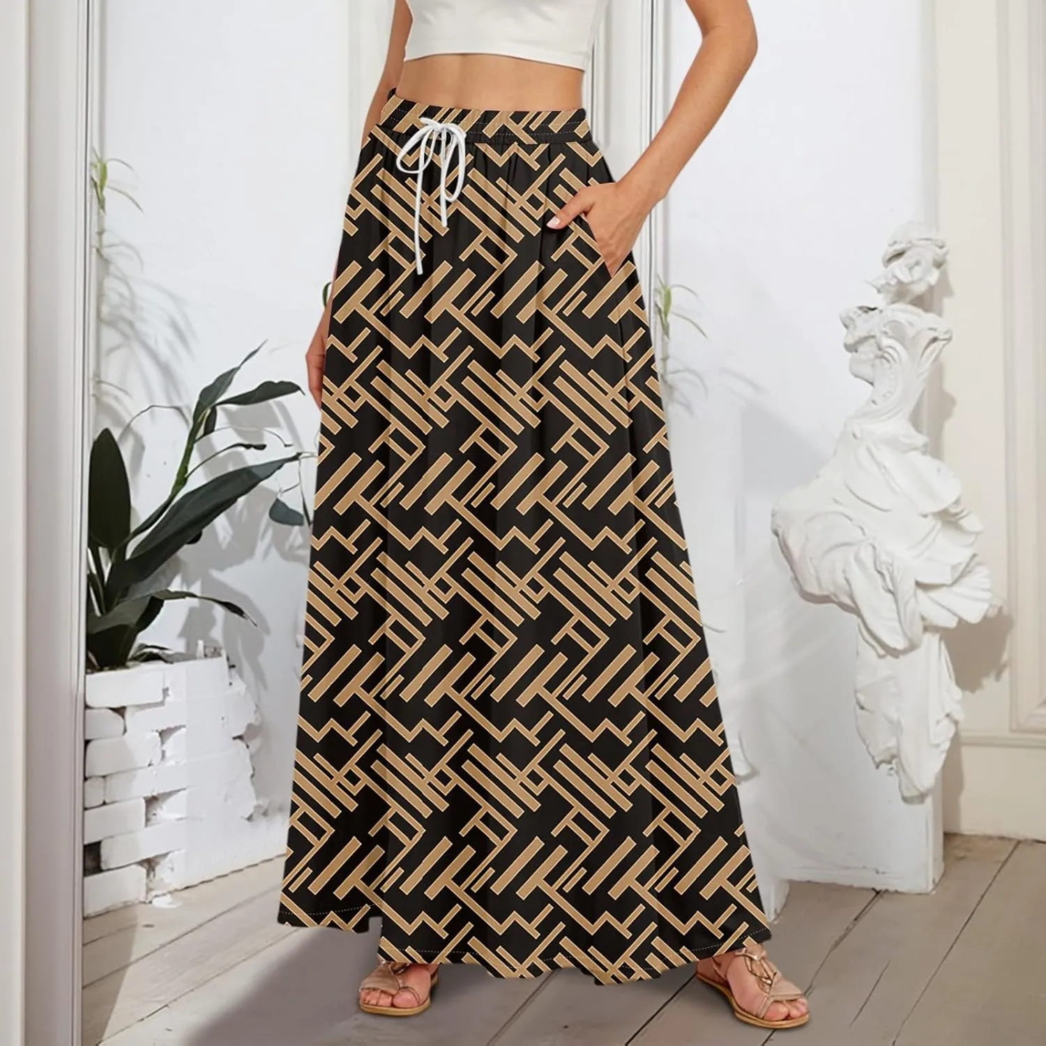 Boho Maxi Skirt for Women Summer Elastic High Waisted Casual Skirts Pleated A-Line Skirts Work Skirt Long with Pockets