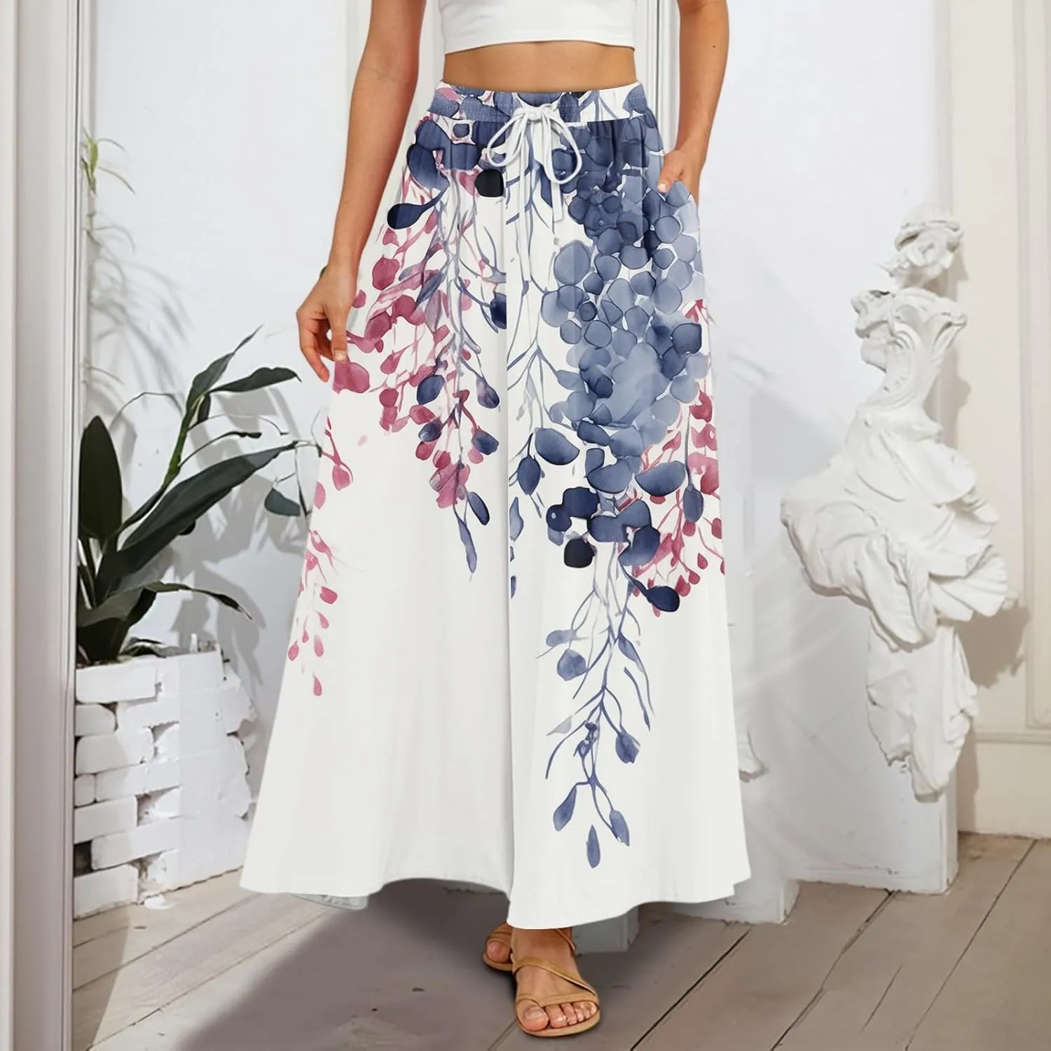 Boho Maxi Skirt for Women Summer Elastic High Waisted Casual Skirts Pleated A-Line Skirts Work Skirt Long with Pockets