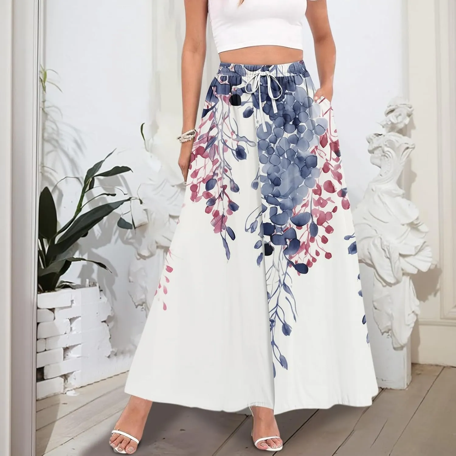 Boho Maxi Skirt for Women Summer Elastic High Waisted Casual Skirts Pleated A-Line Skirts Work Skirt Long with Pockets