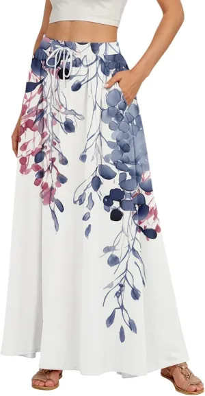 Boho Maxi Skirt for Women Summer Elastic High Waisted Casual Skirts Pleated A-Line Skirts Work Skirt Long with Pockets