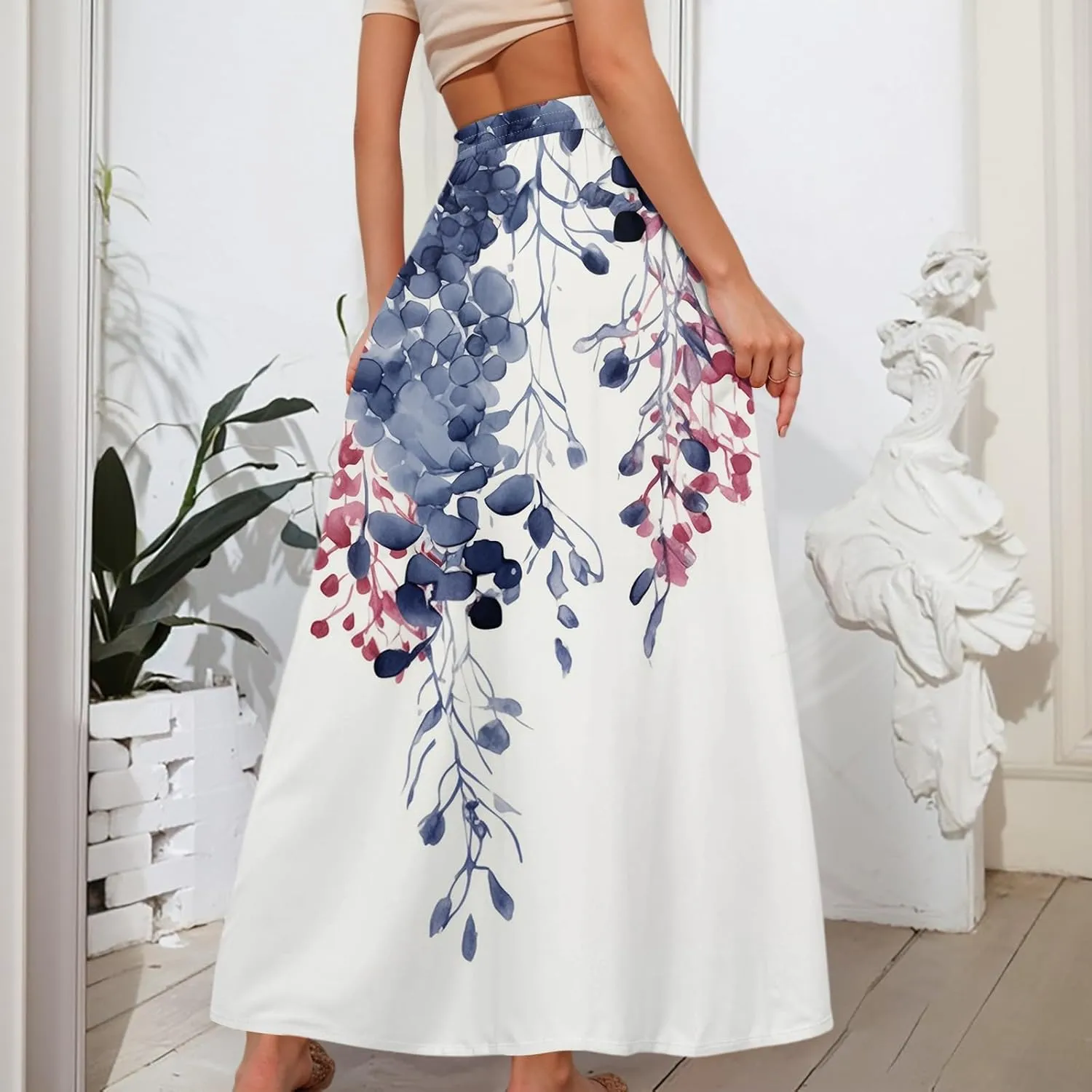 Boho Maxi Skirt for Women Summer Elastic High Waisted Casual Skirts Pleated A-Line Skirts Work Skirt Long with Pockets